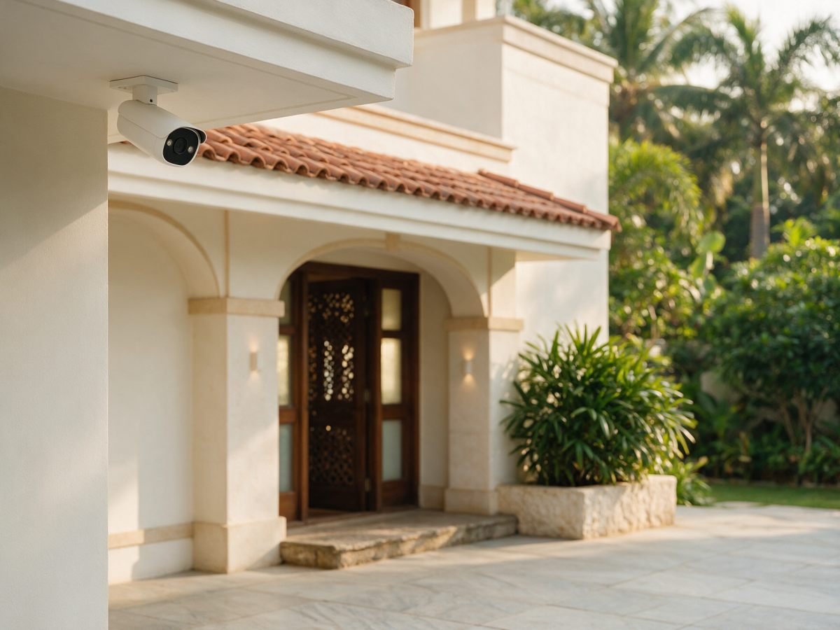 CCTV security camera installed under the eave of a home entrance
