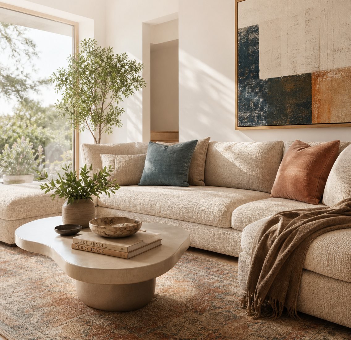 Warm, sunlit living room designed by Cornerstone Homes with a cream sectional sofa and earthy accents