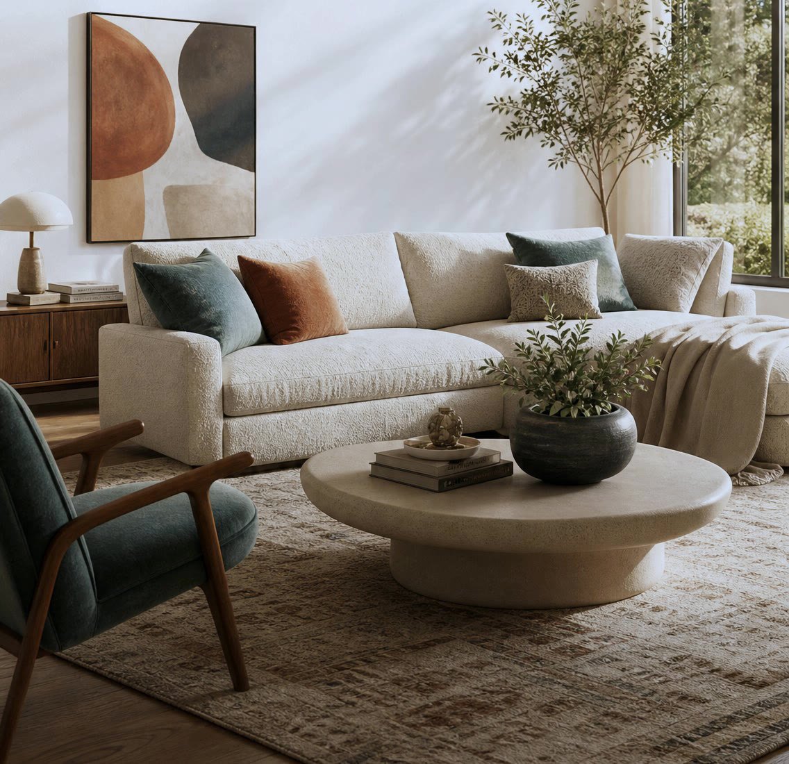 Cosy lounge with teal armchair, layered rug and earthy artwork