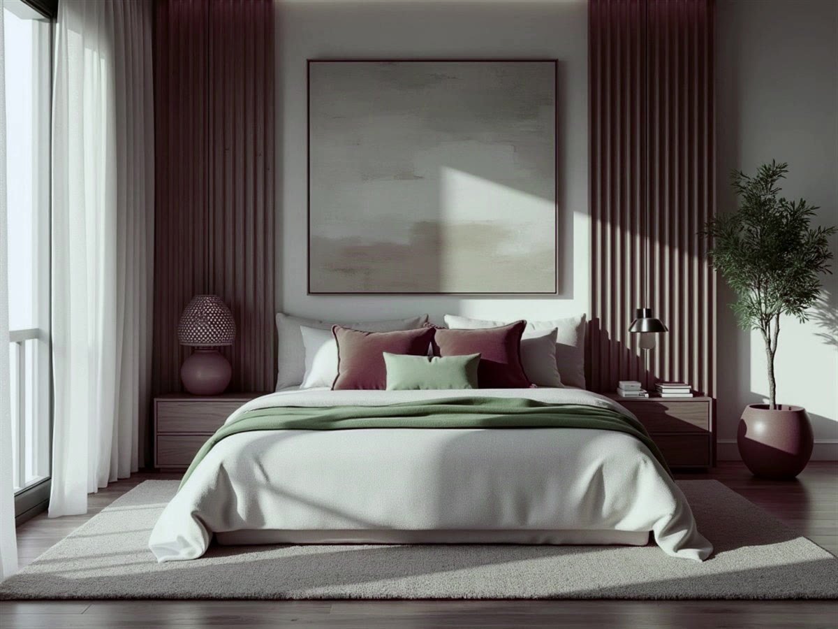 Warm minimal bedroom with fluted oak panelling, cream bedding and rust and sage cushions