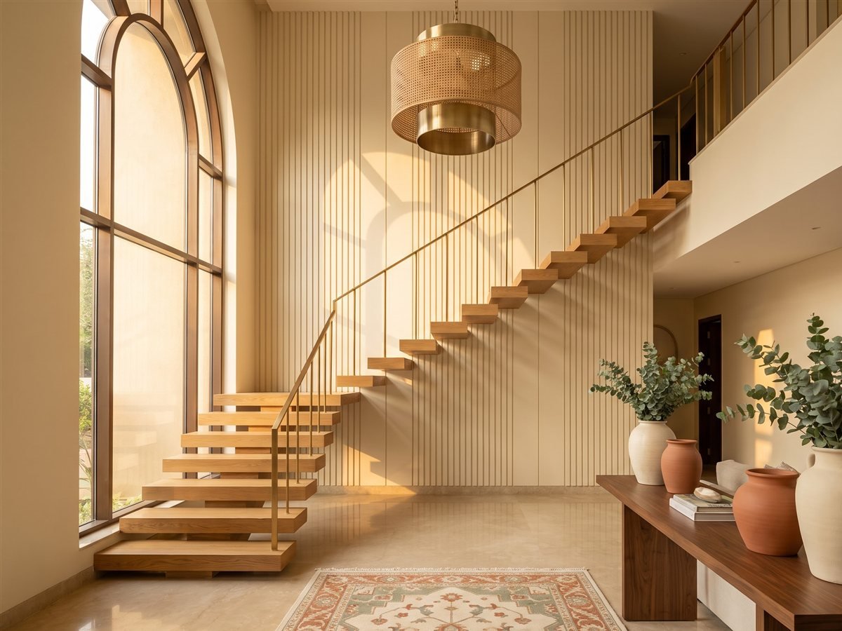 Double-height villa foyer typical of new independent homes along the Yamuna Expressway