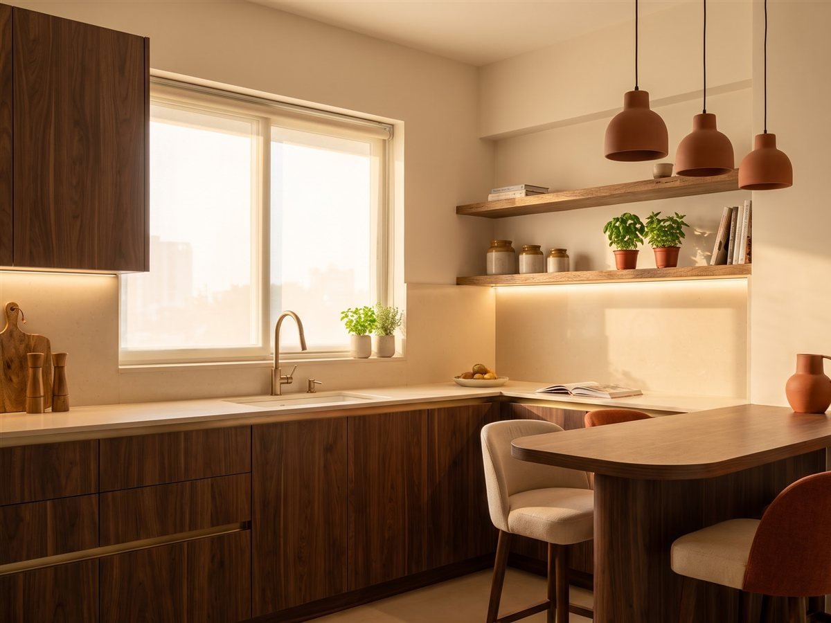 Walnut modular kitchen with cream quartz counters, brass fixtures and terracotta pendant lamps