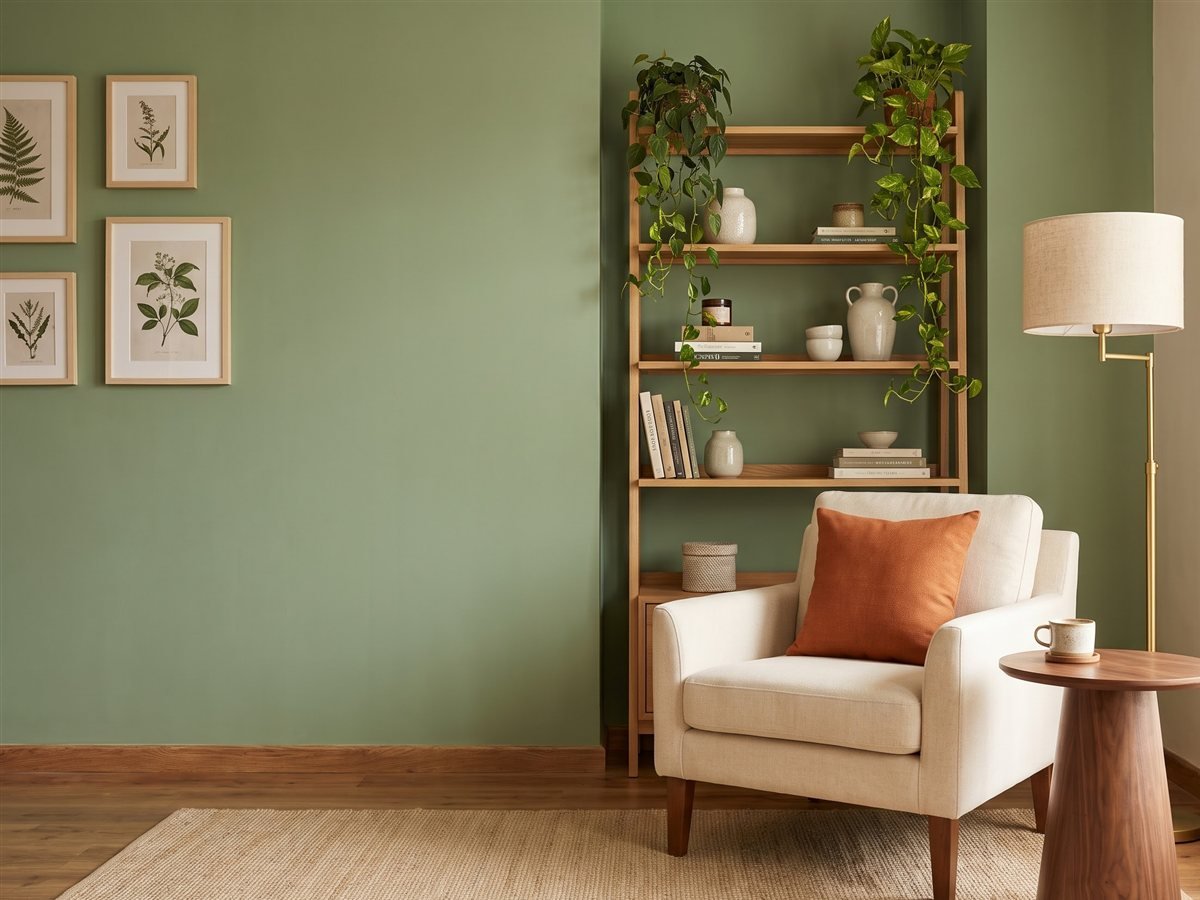 Restyled living room corner with sage green wall, cream armchair and styled oak shelving