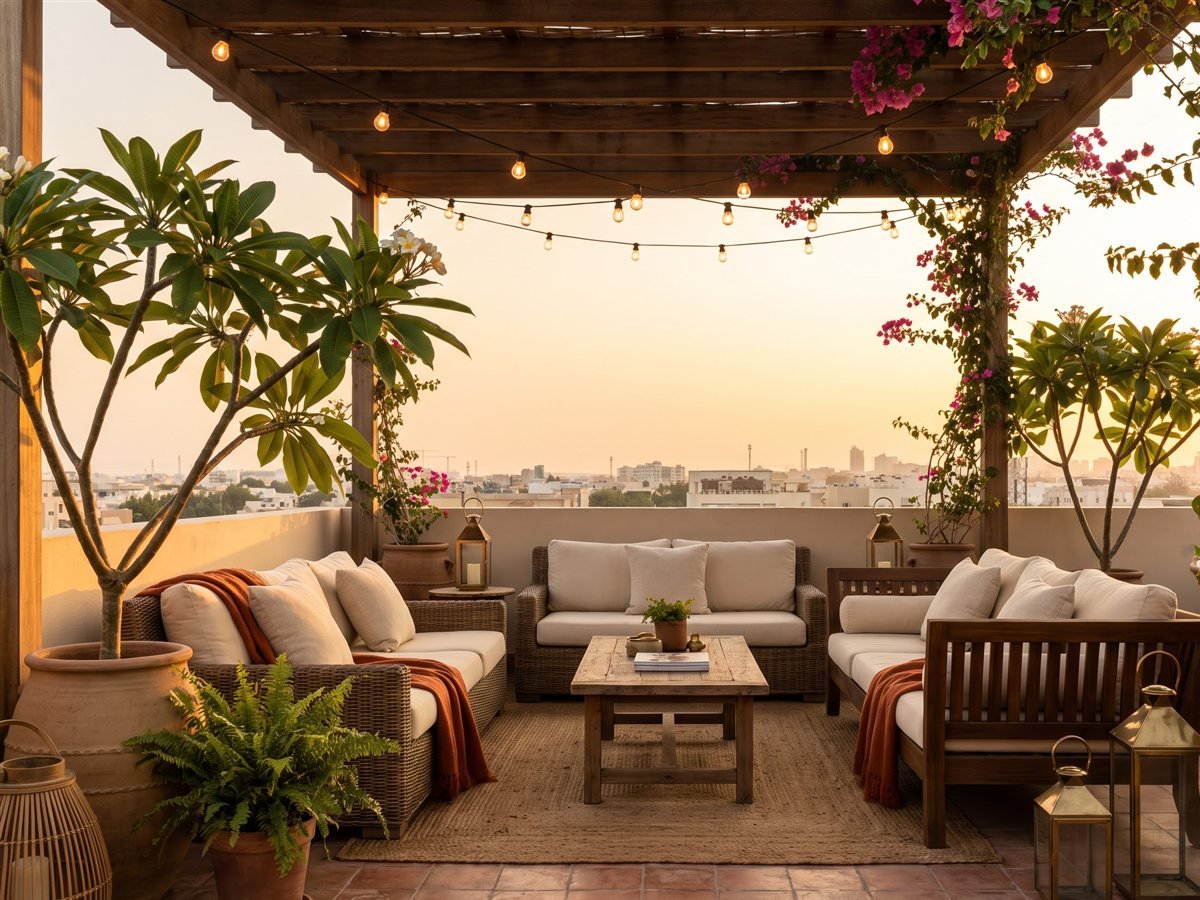 Rooftop terrace lounge at golden hour with rattan seating, string lights and bougainvillea